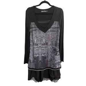C'Fait Pout Vous Graphic Paris Layer Tunic Dress Black 3/L Long Sleeve Edgy City